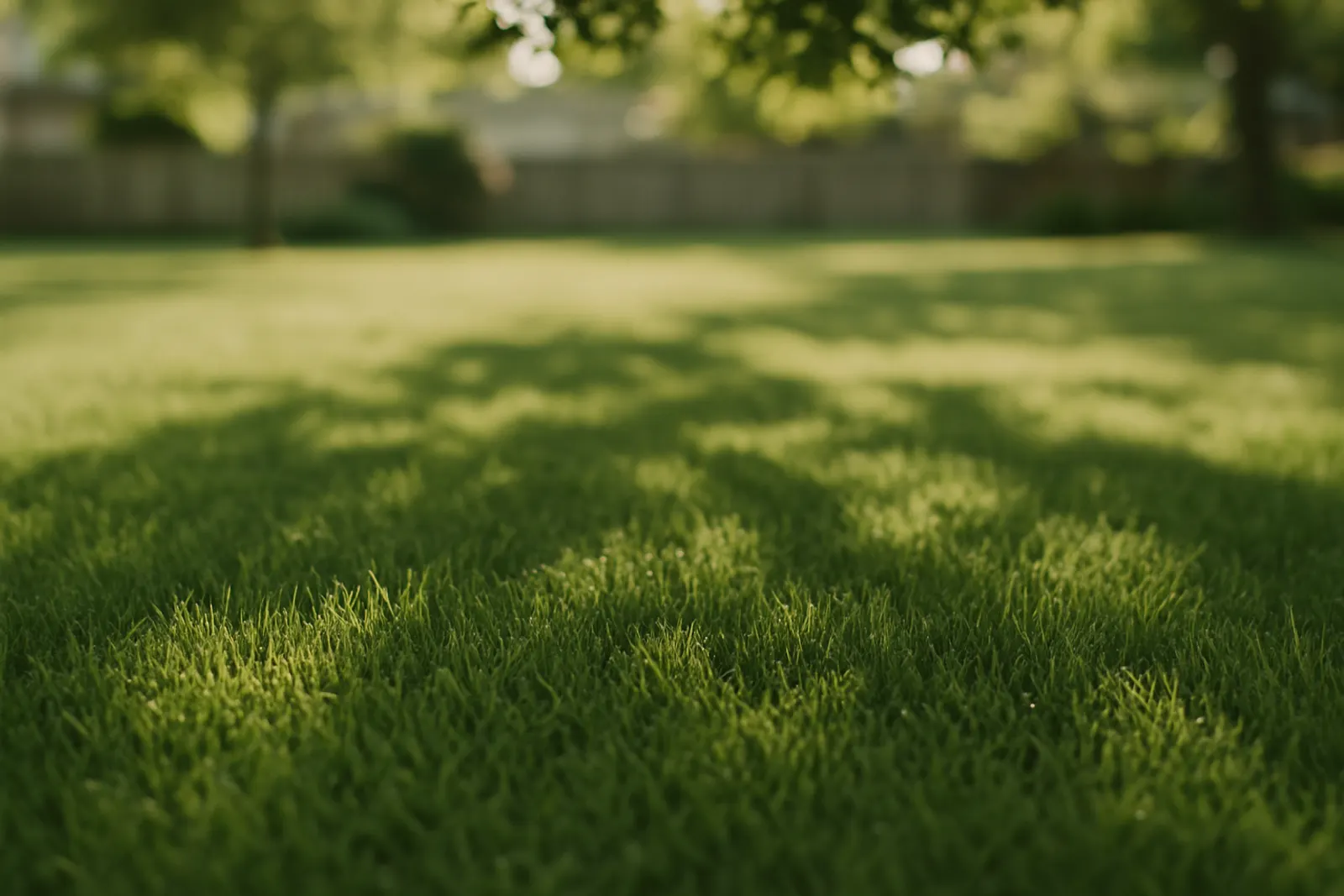 A healthy green back lawn with dappled afternoon shade
