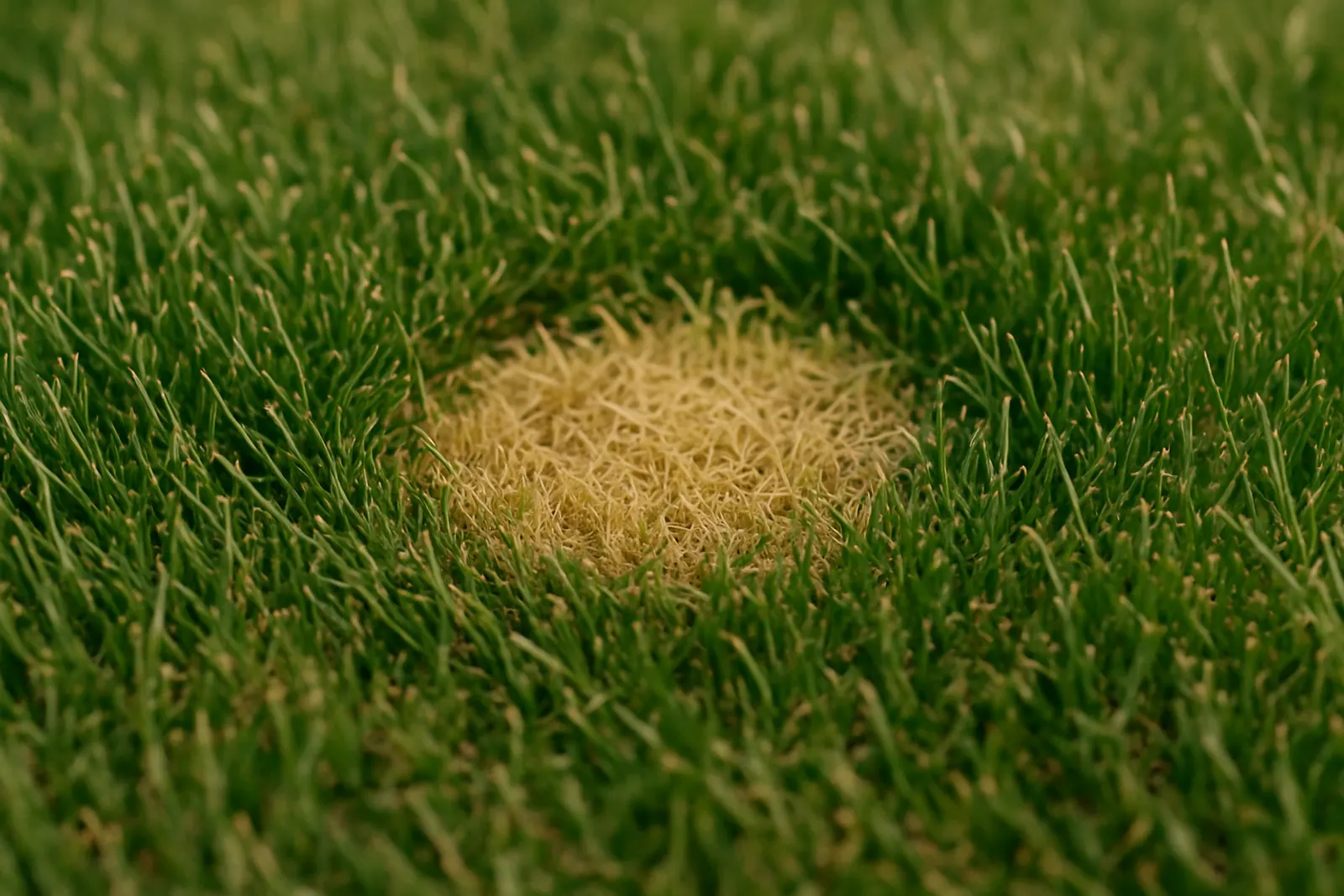 Close view of lawn turf with a visible patch of yellowed grass